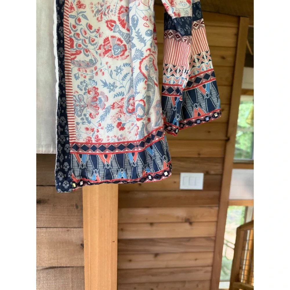 Choices Womens Red Blue Floral Patchwork Open Front Jacket Mirror Trim Size M